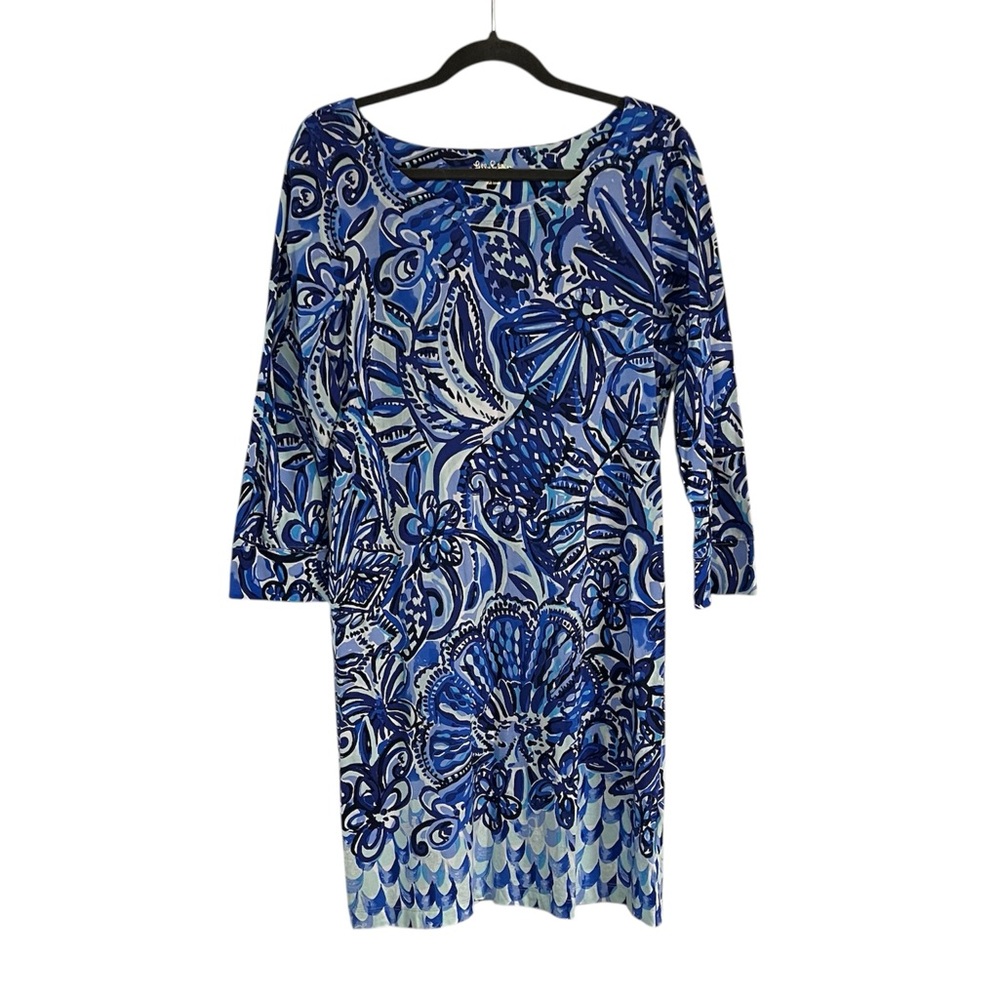 Lilly Pulitzer Hollee Dress Blue Floral Print 3/4 Length Sleeve Relaxed Fit